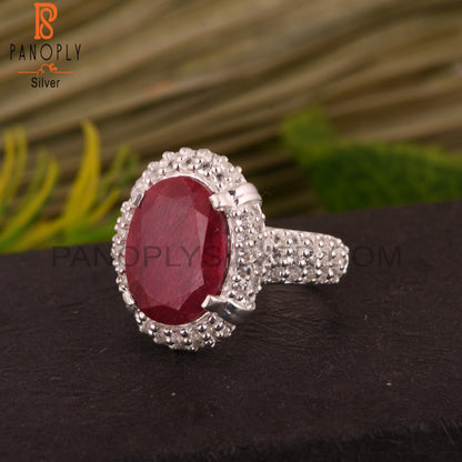 Red Corundum Ruby and White Topaz 925 Sterling Silver Ring