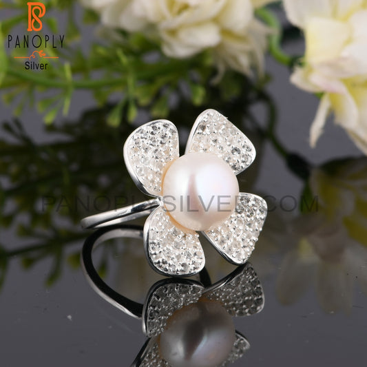 White Topaz & Pearl Round Shape 925 Sterling Silver Ring