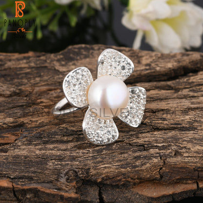 White Topaz & Pearl Round Shape 925 Sterling Silver Ring