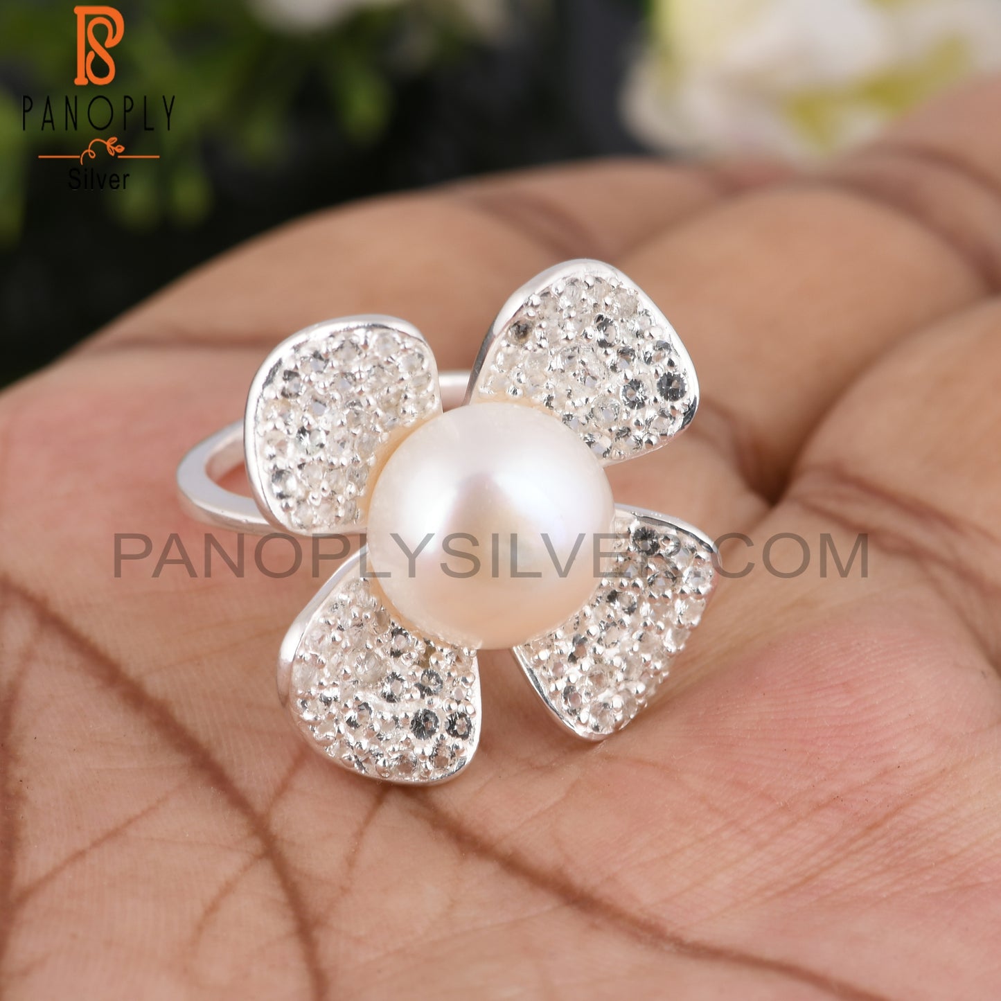 White Topaz & Pearl Round Shape 925 Sterling Silver Ring