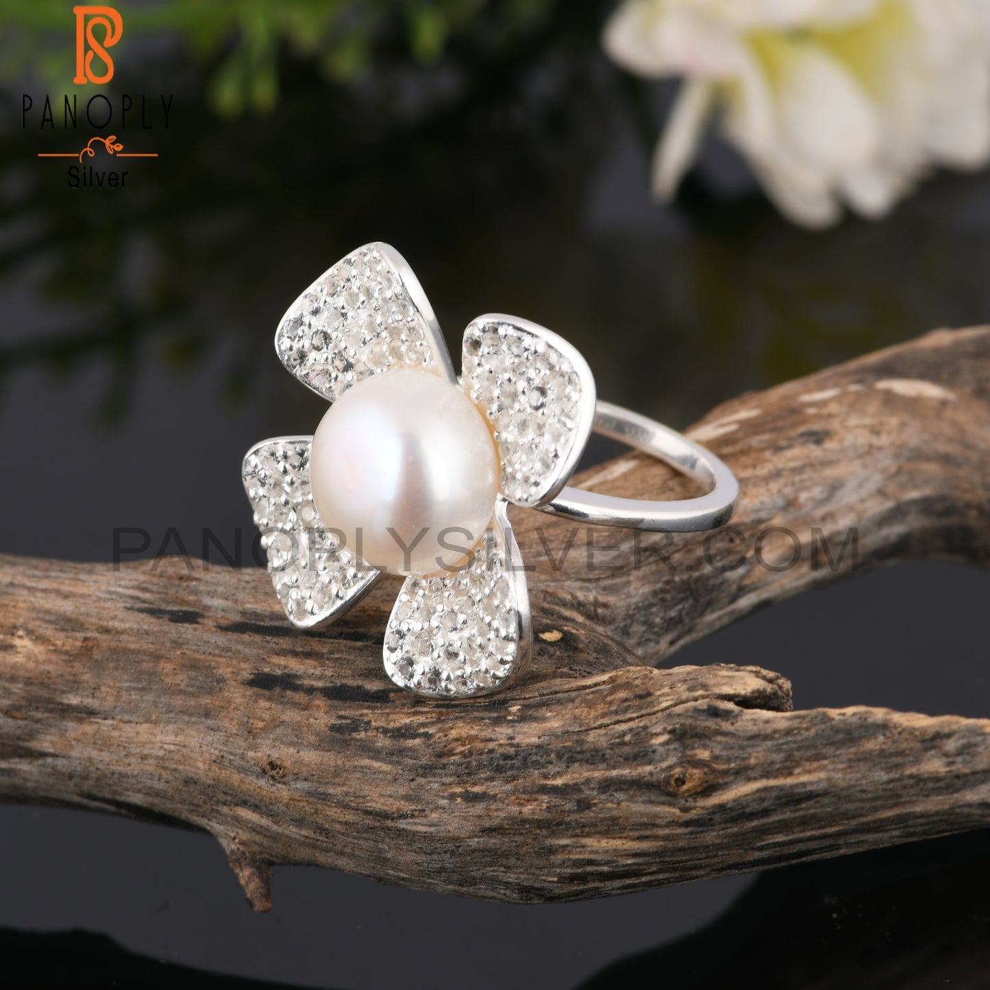 White Topaz & Pearl Round Shape 925 Sterling Silver Ring