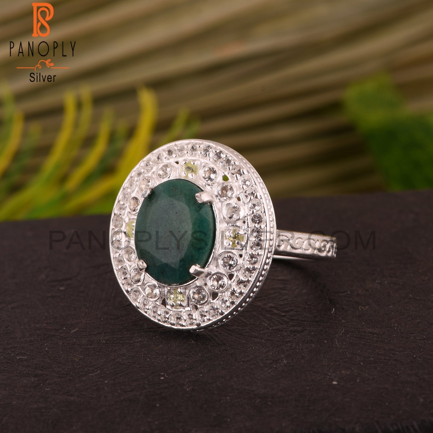 Emerald Green Corundum, Peridot & White Topaz 925 Silver Ring