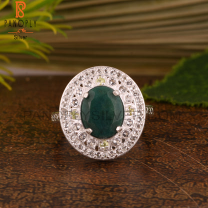 Emerald Green Corundum, Peridot & White Topaz 925 Silver Ring