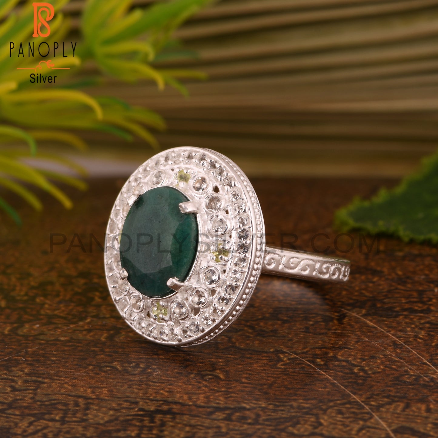 Emerald Green Corundum, Peridot & White Topaz 925 Silver Ring