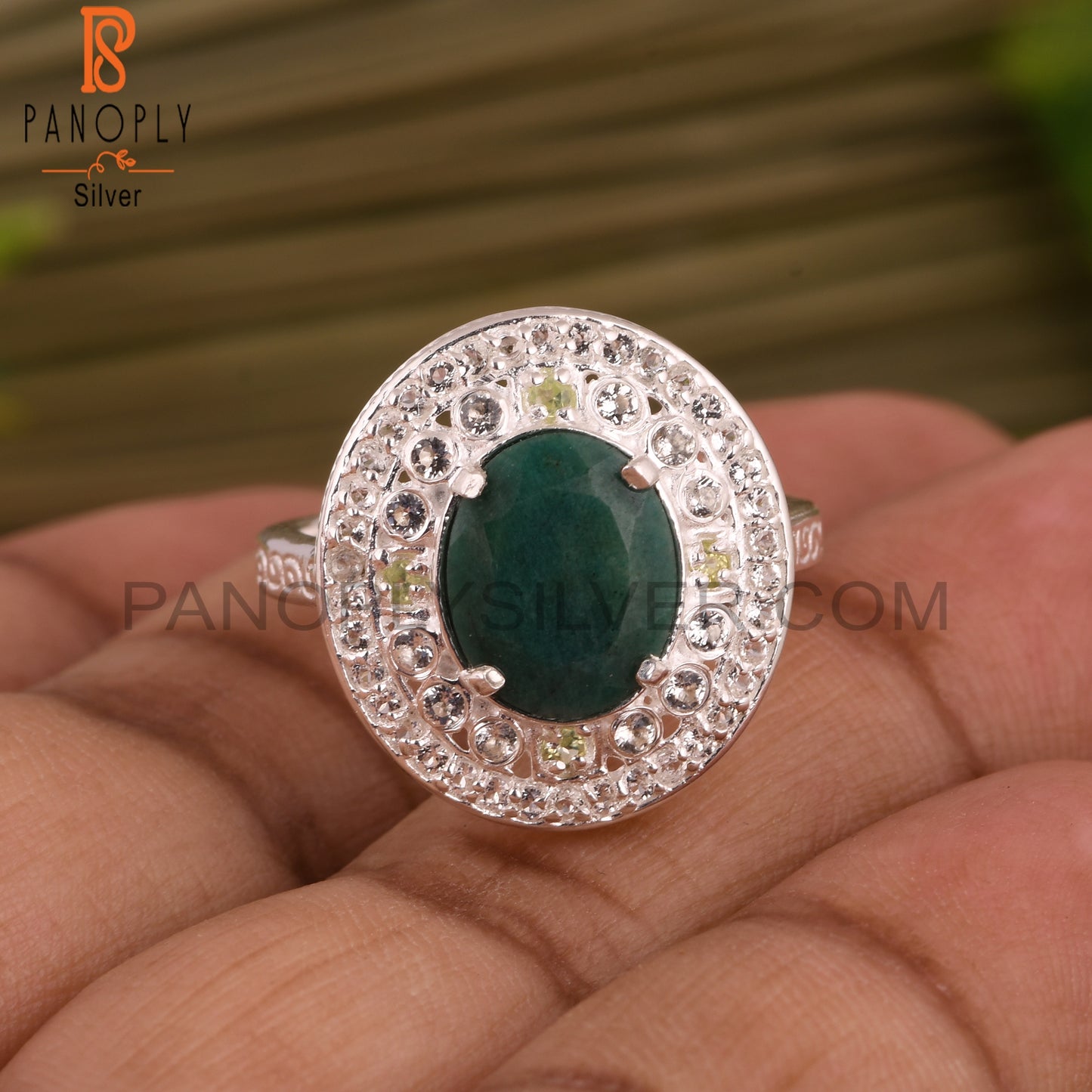 Emerald Green Corundum, Peridot & White Topaz 925 Silver Ring