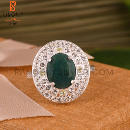 Emerald Green Corundum, Peridot & White Topaz 925 Silver Ring