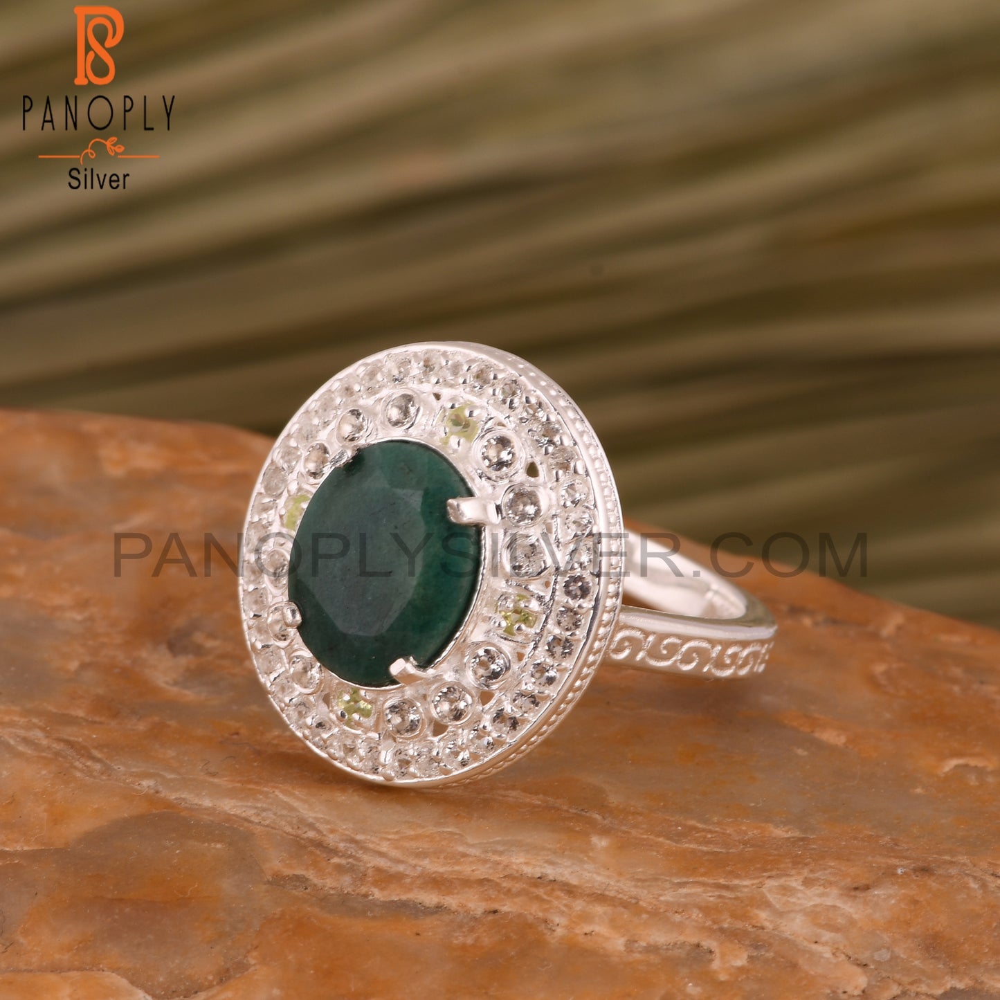 Emerald Green Corundum, Peridot & White Topaz 925 Silver Ring