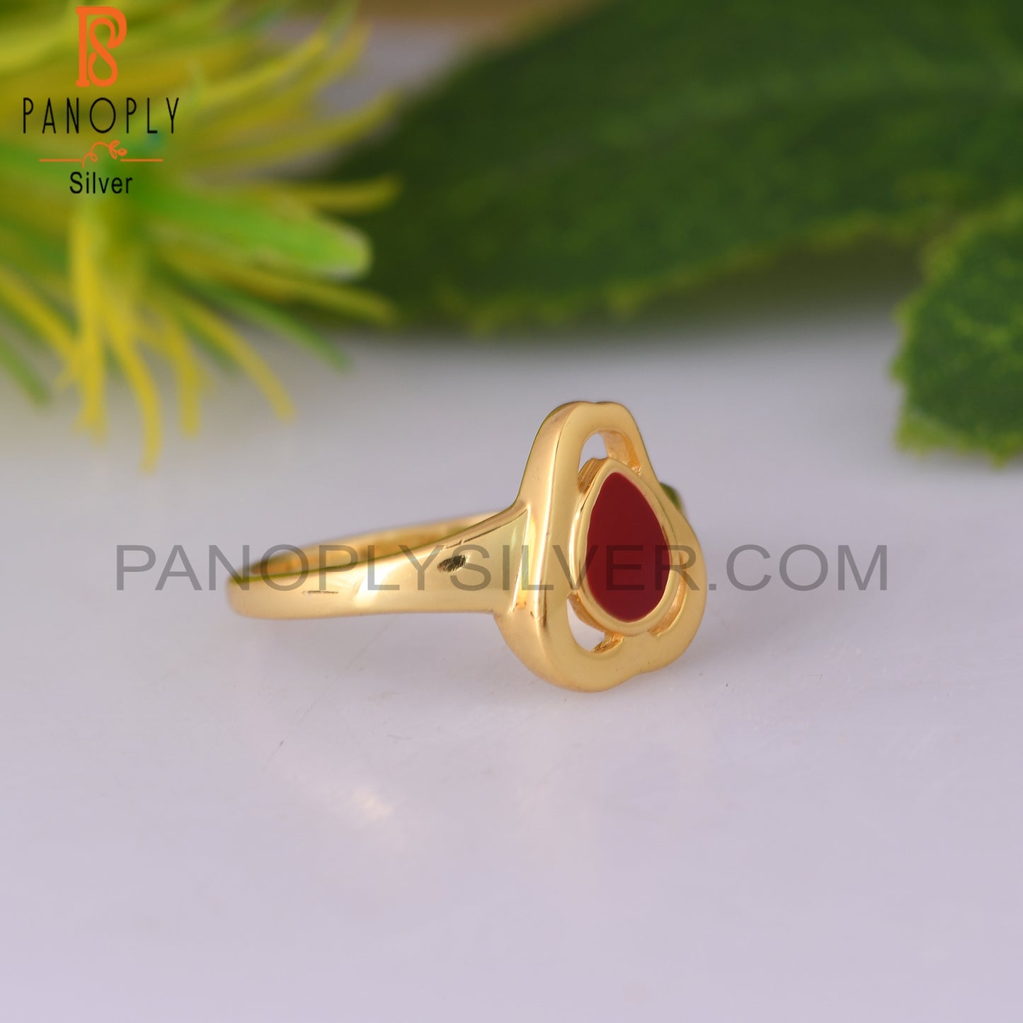 Red Enamel 925 Sterling Silver Gold Ring