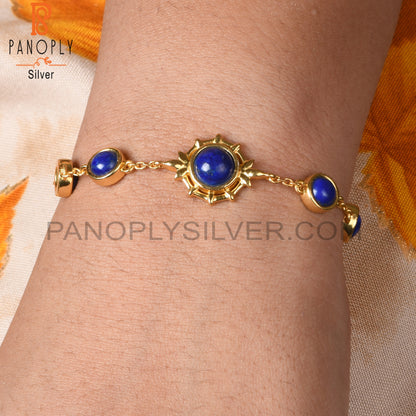 Lapis Round 925 Sterling Silver Chain Link Bracelet