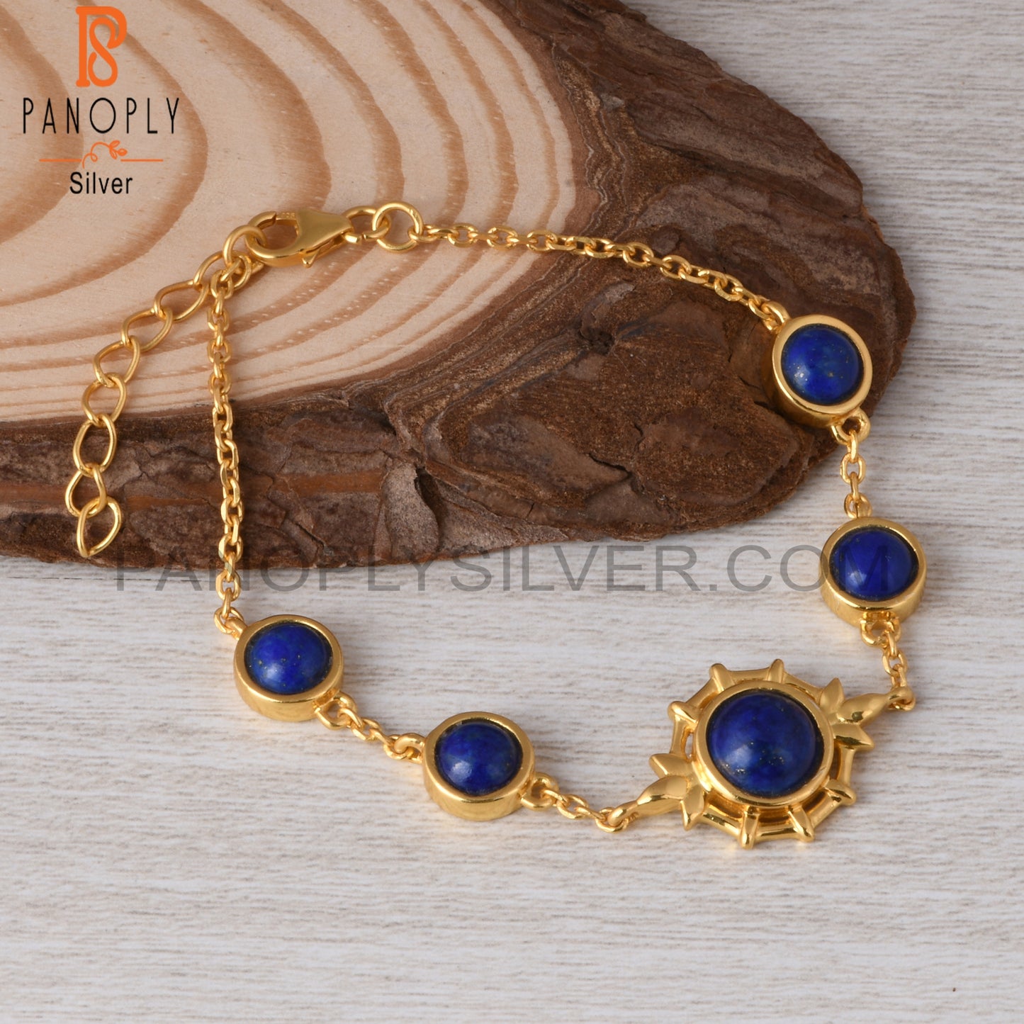 Lapis Round 925 Sterling Silver Chain Link Bracelet