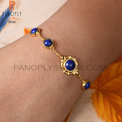 Lapis Round 925 Sterling Silver Chain Link Bracelet