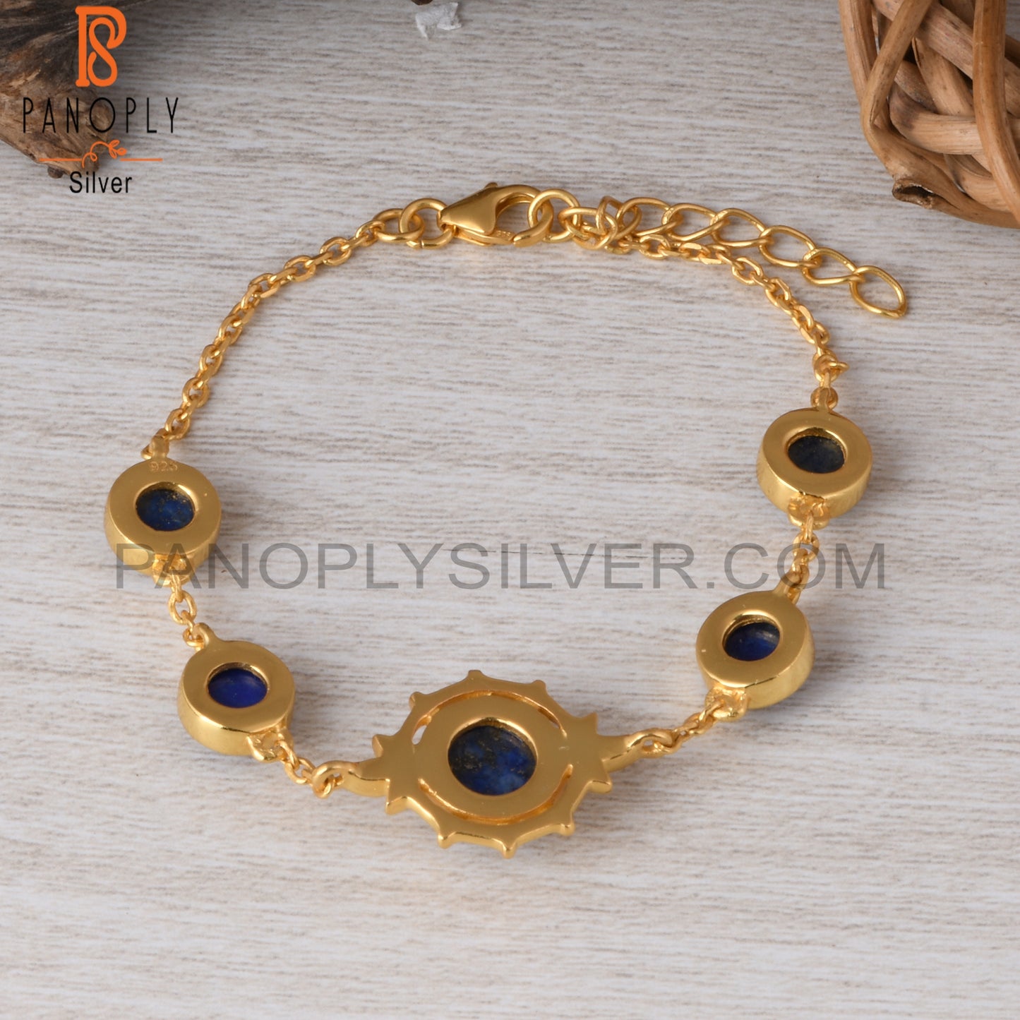 Lapis Round 925 Sterling Silver Chain Link Bracelet