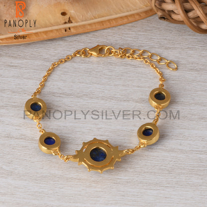 Lapis Round 925 Sterling Silver Chain Link Bracelet