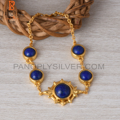 Lapis Round 925 Sterling Silver Chain Link Bracelet