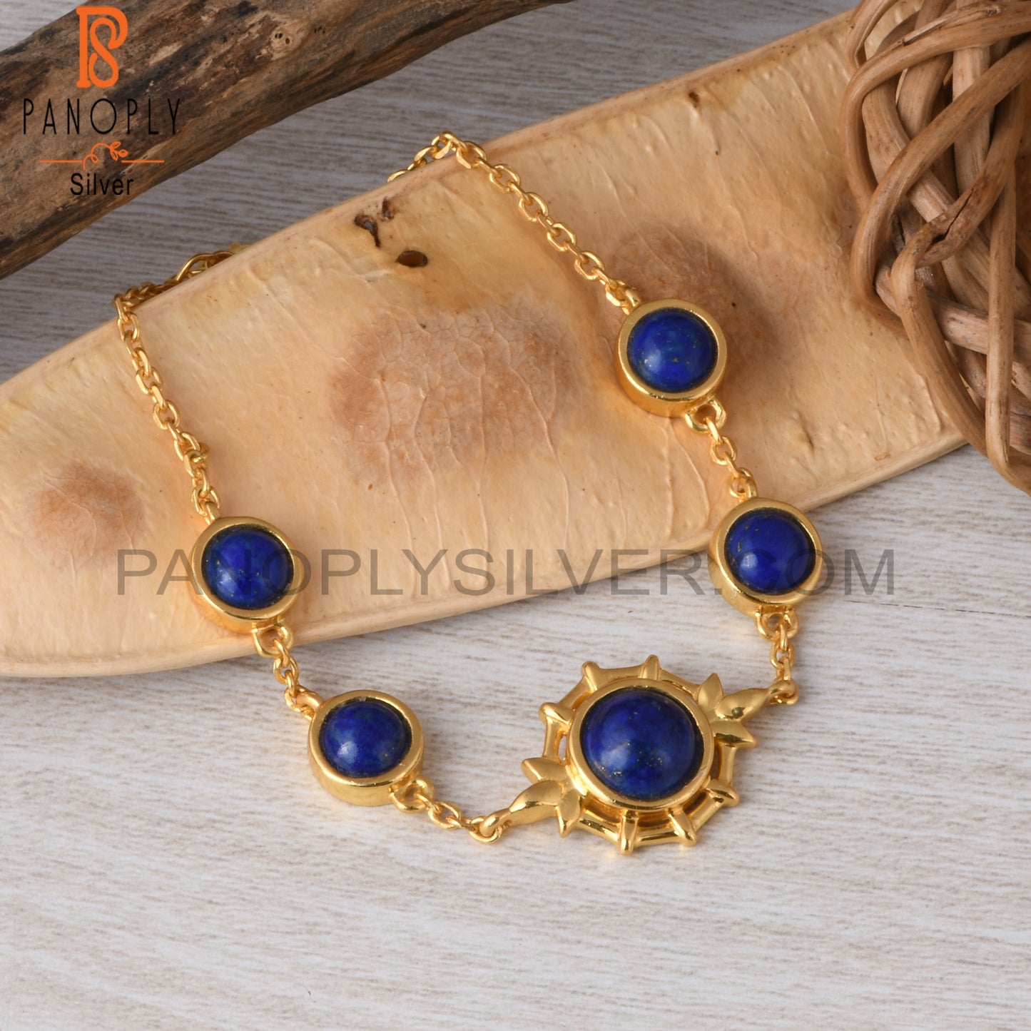 Lapis Round 925 Sterling Silver Chain Link Bracelet