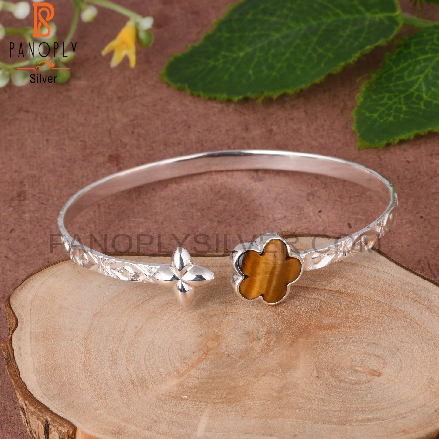 Tiger Eye Yellow Sunflower 925 Silver Cuff Bracelet