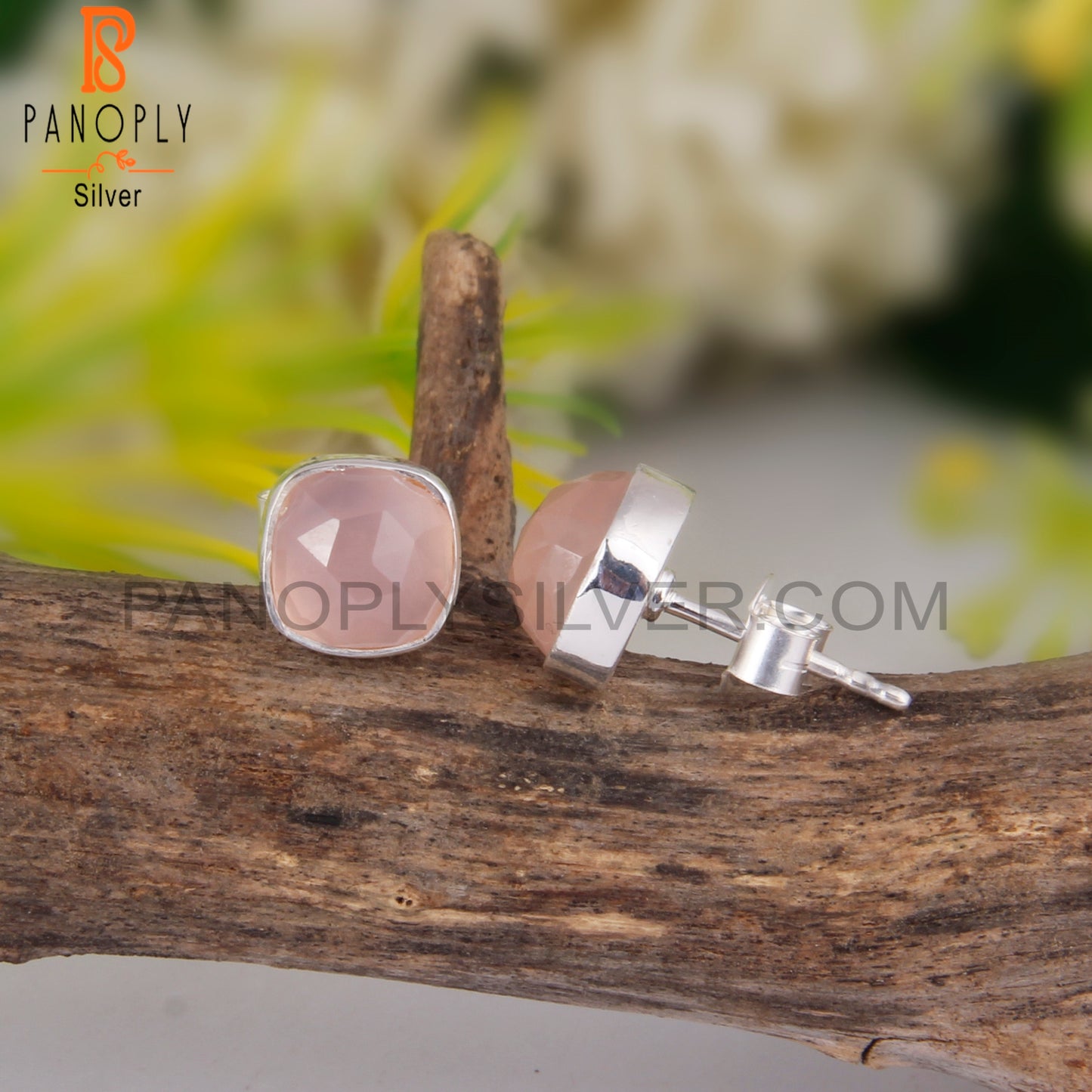 Rose Quartz Cushion 925 Sterling Silver Stud Earrings