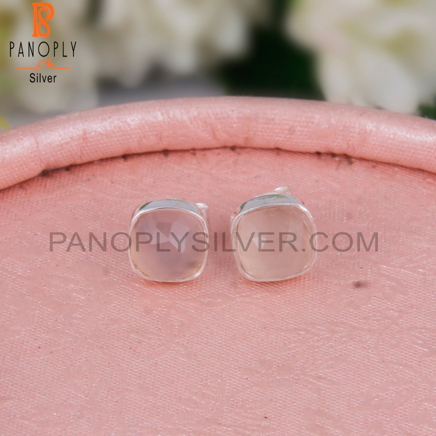 Rose Quartz Cushion 925 Sterling Silver Stud Earrings