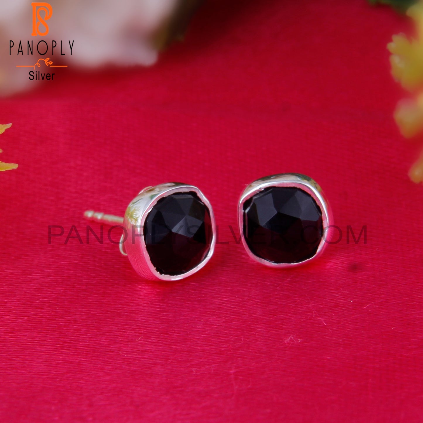 Black Onyx Cushion 925 Sterling Silver Stud Earrings