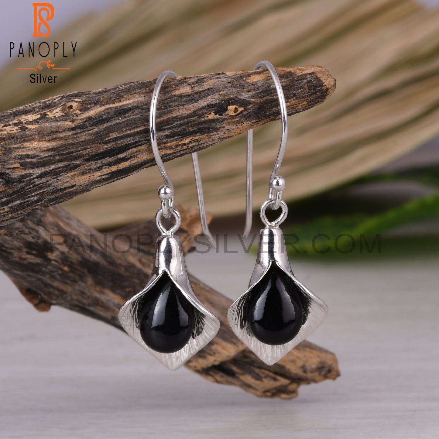 Black Onyx Pear Shape 925 Sterling Silver Earrings