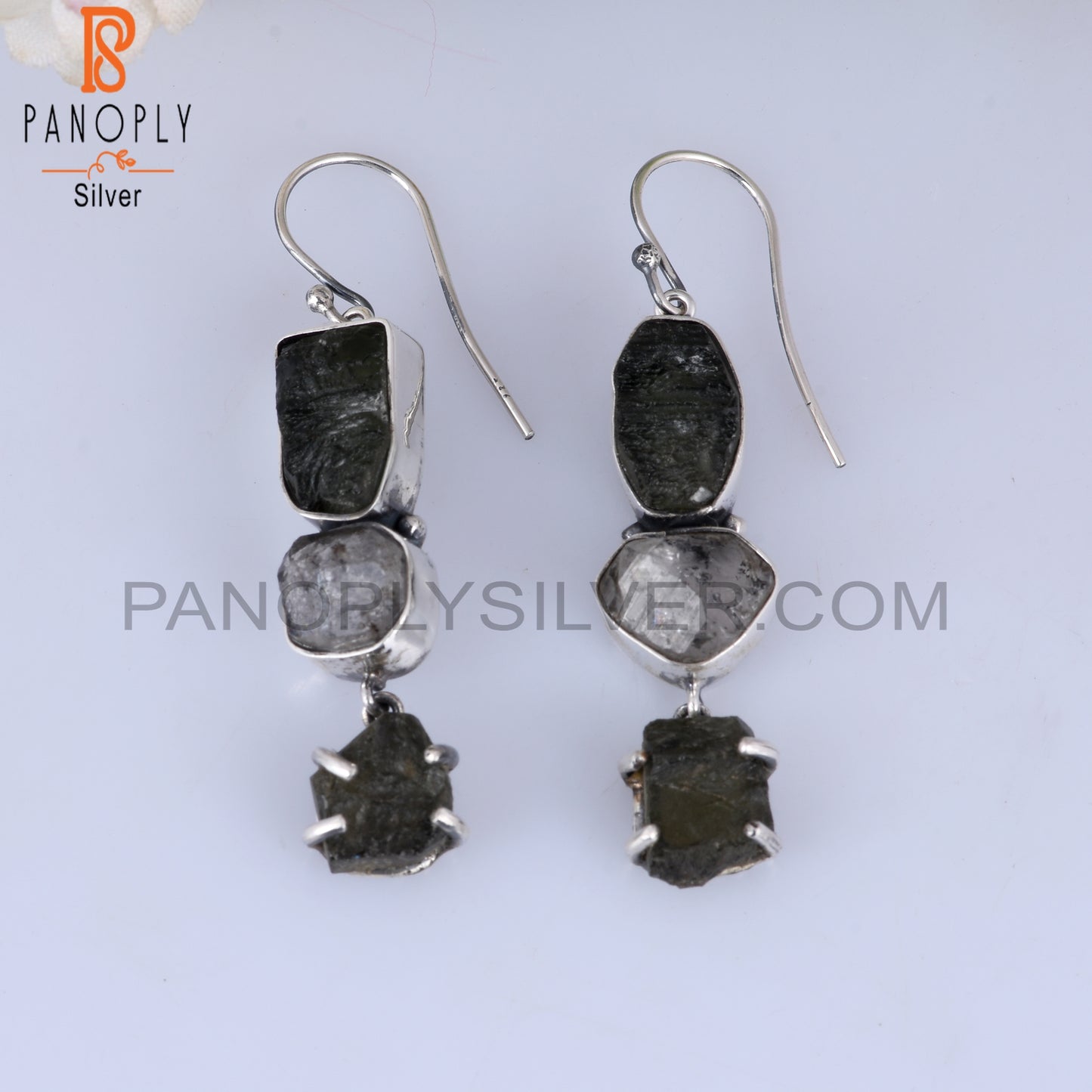 Simple Herkimer Diamond & Moldavite 925 Silver Earrings