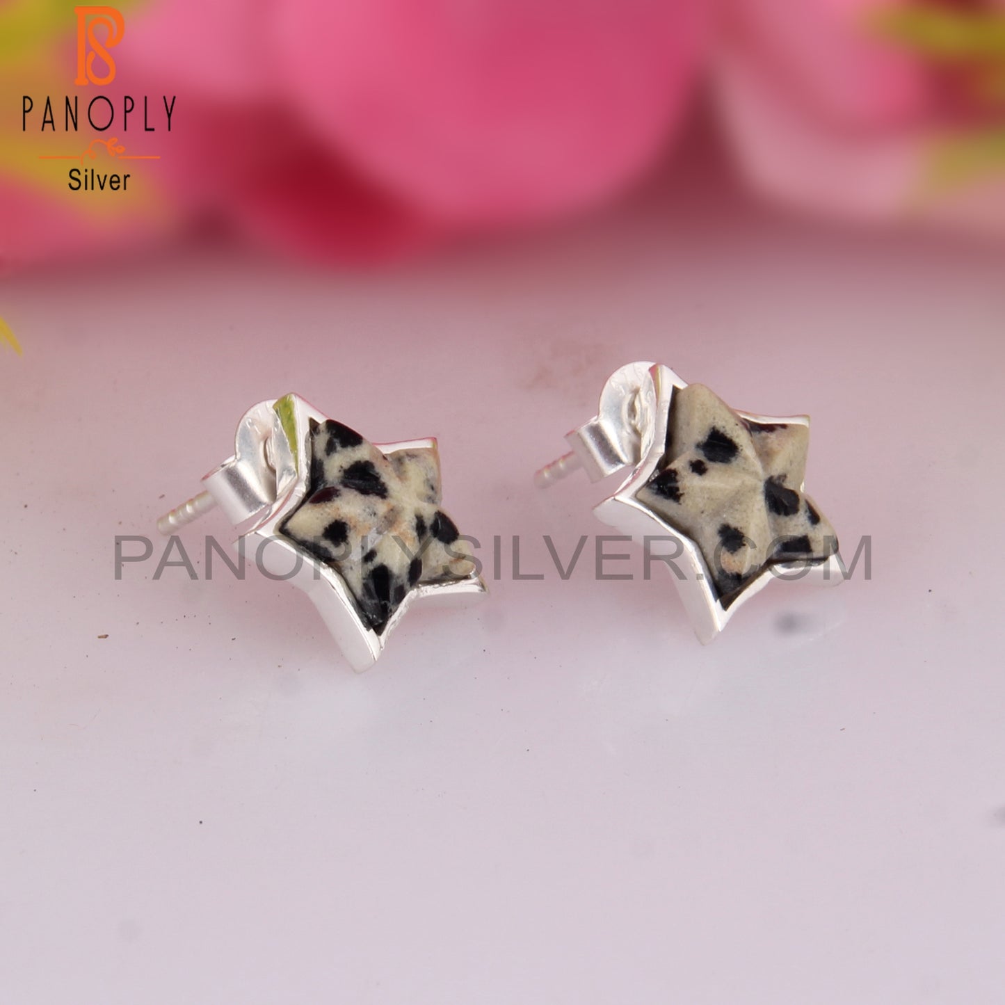 Dalmatian Jasper Star Shape 925 Sterling SilverStuds Earrings