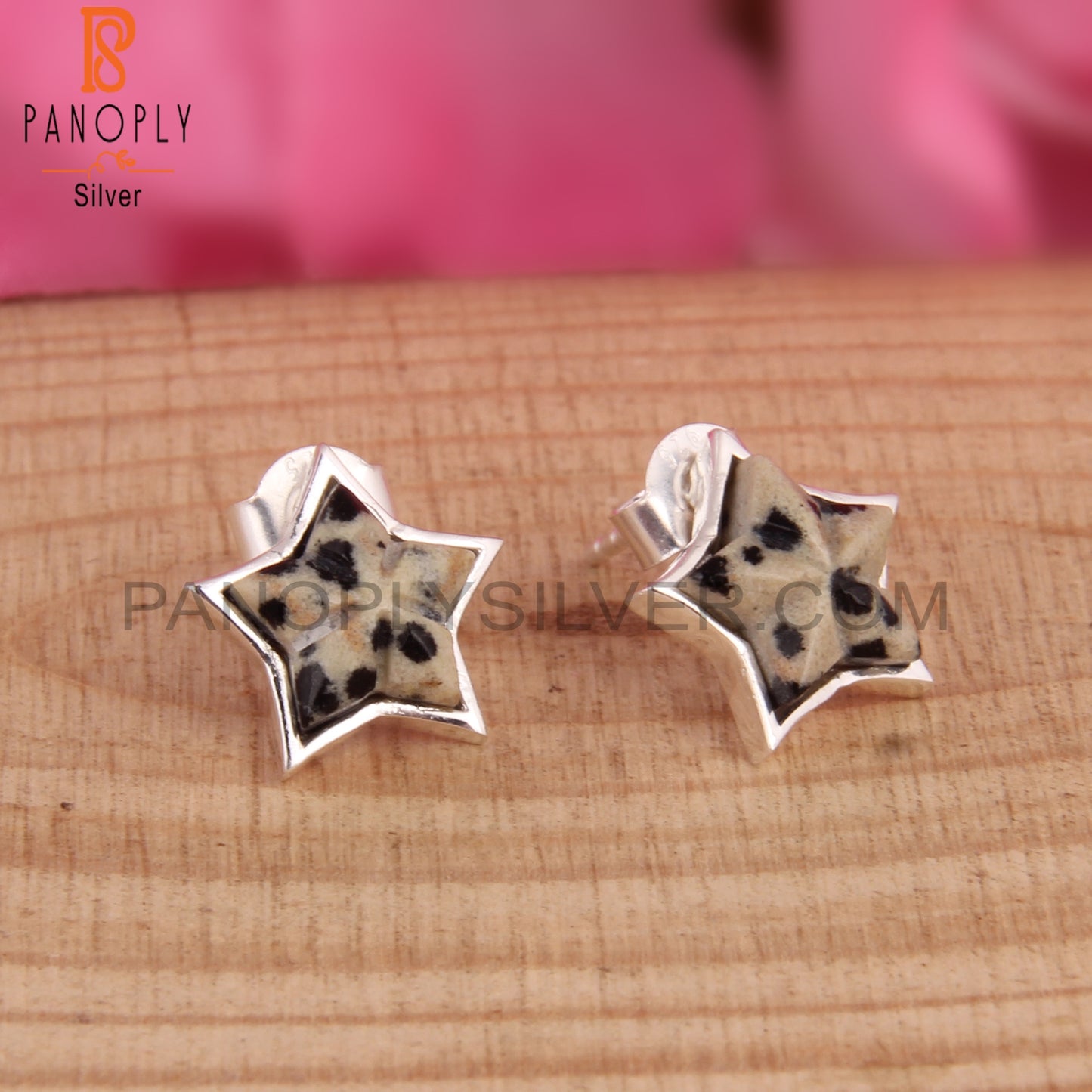 Dalmatian Jasper Star Shape 925 Sterling SilverStuds Earrings