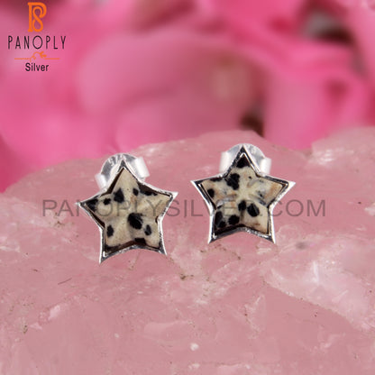 Dalmatian Jasper Star Shape 925 Sterling SilverStuds Earrings