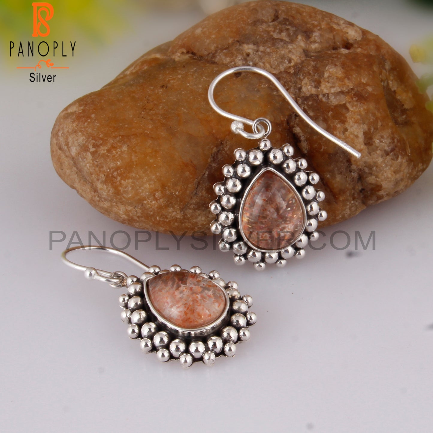 Doublet Sunstone Crystal Pear Shape 925 Silver Earrings