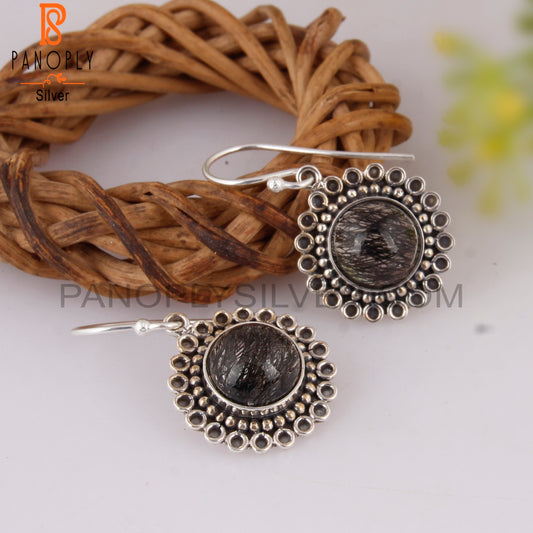 Black Rutile Round Stone 925 Sterling Silver Earrings