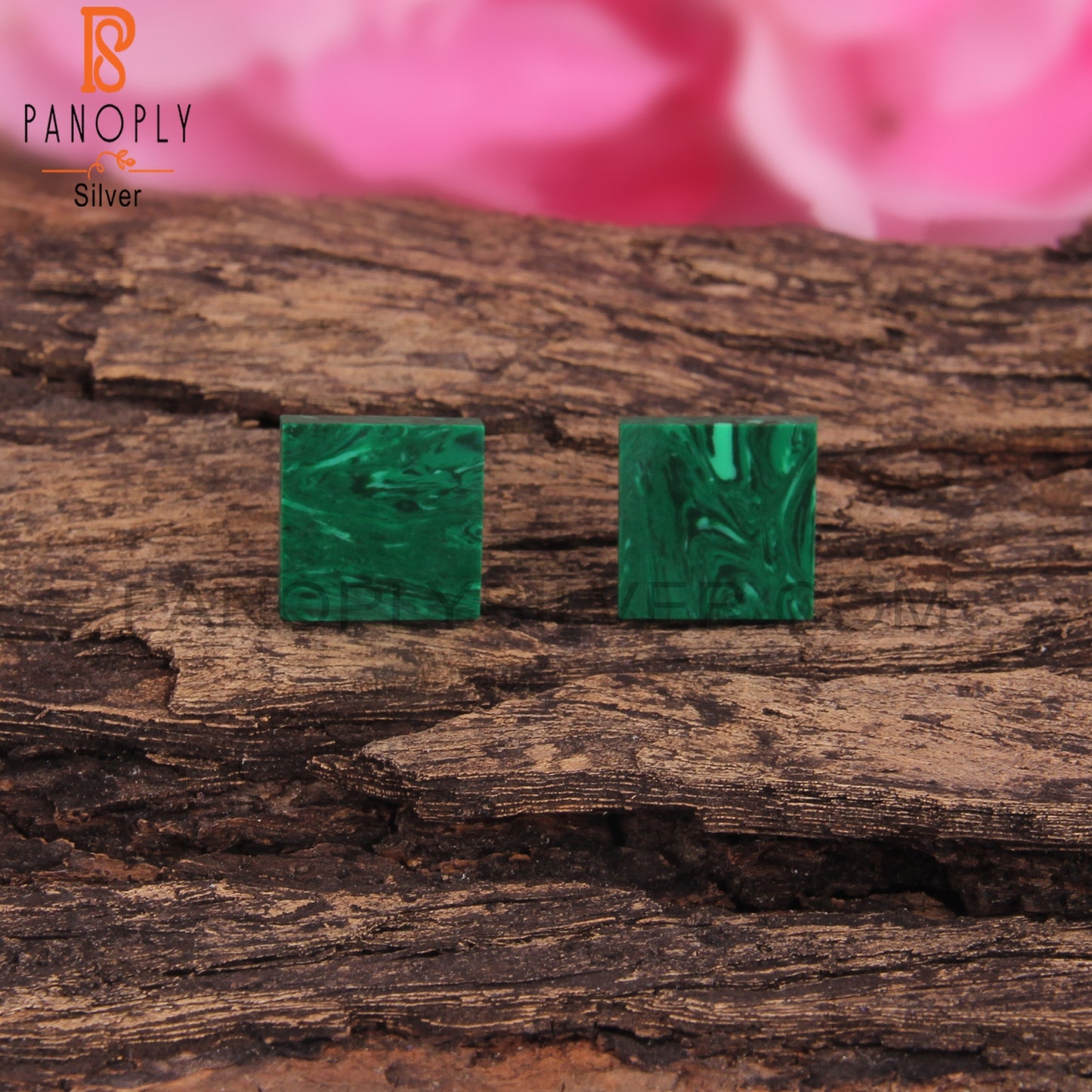 Cultured Malachite Square Shape 925 Sterling Silver Earrings