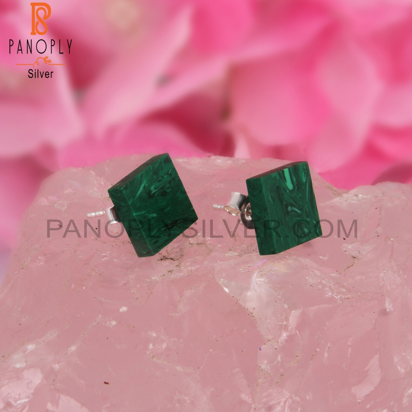 Cultured Malachite Square Shape 925 Sterling Silver Earrings