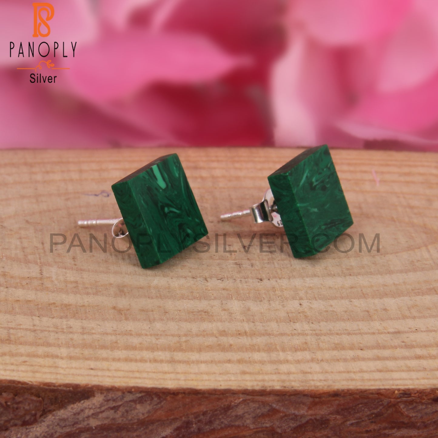 Cultured Malachite Square Shape 925 Sterling Silver Earrings