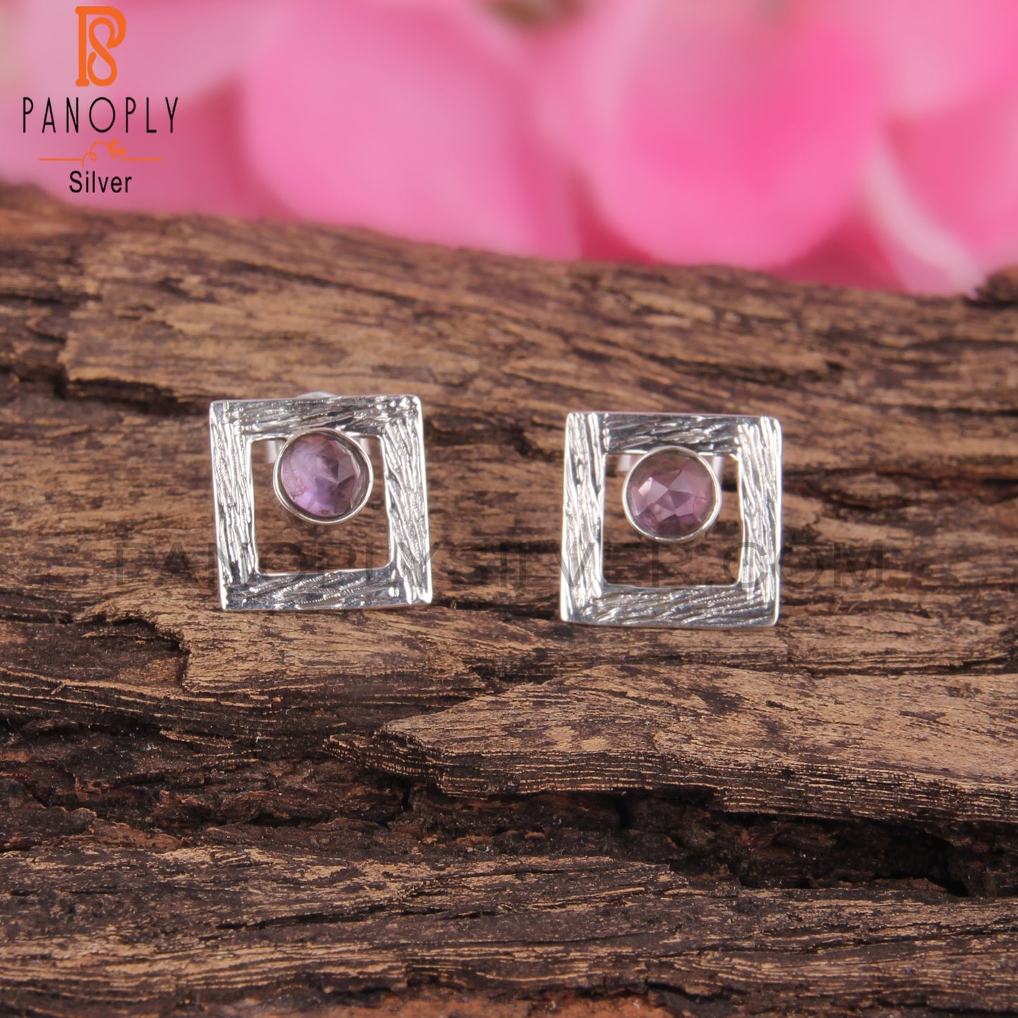 Amethyst Round Shape 925 Sterling Silver Square Earrings