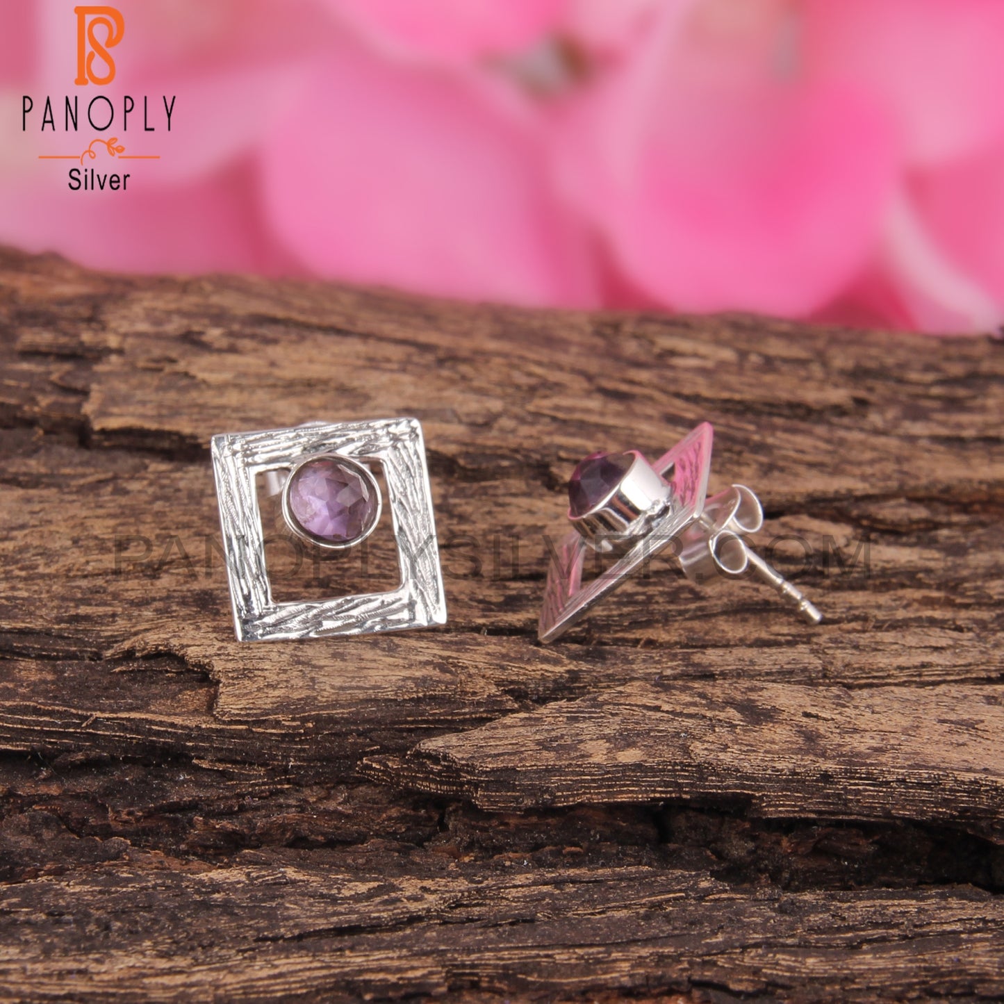 Amethyst Round Shape 925 Sterling Silver Square Earrings