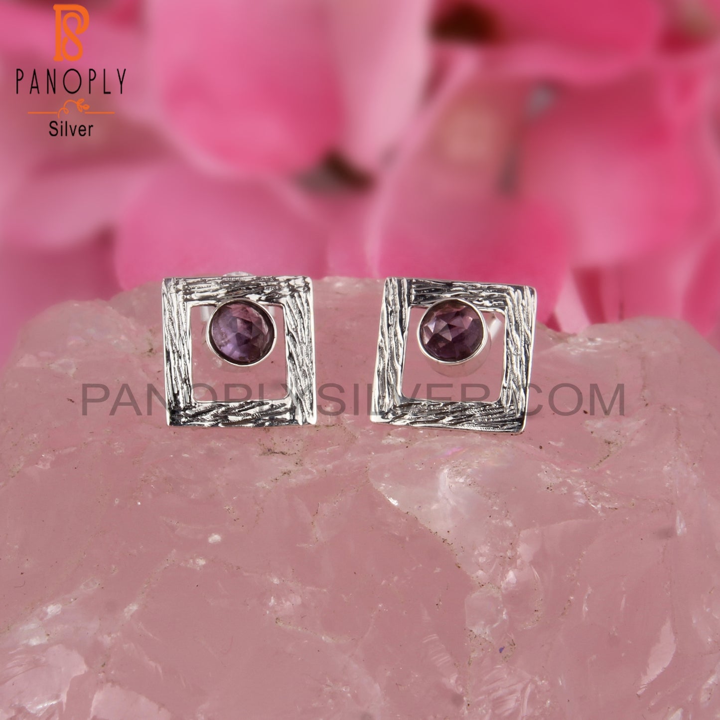 Amethyst Round Shape 925 Sterling Silver Square Earrings