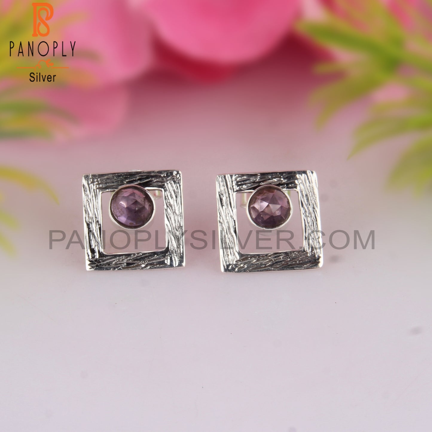 Amethyst Round Shape 925 Sterling Silver Square Earrings