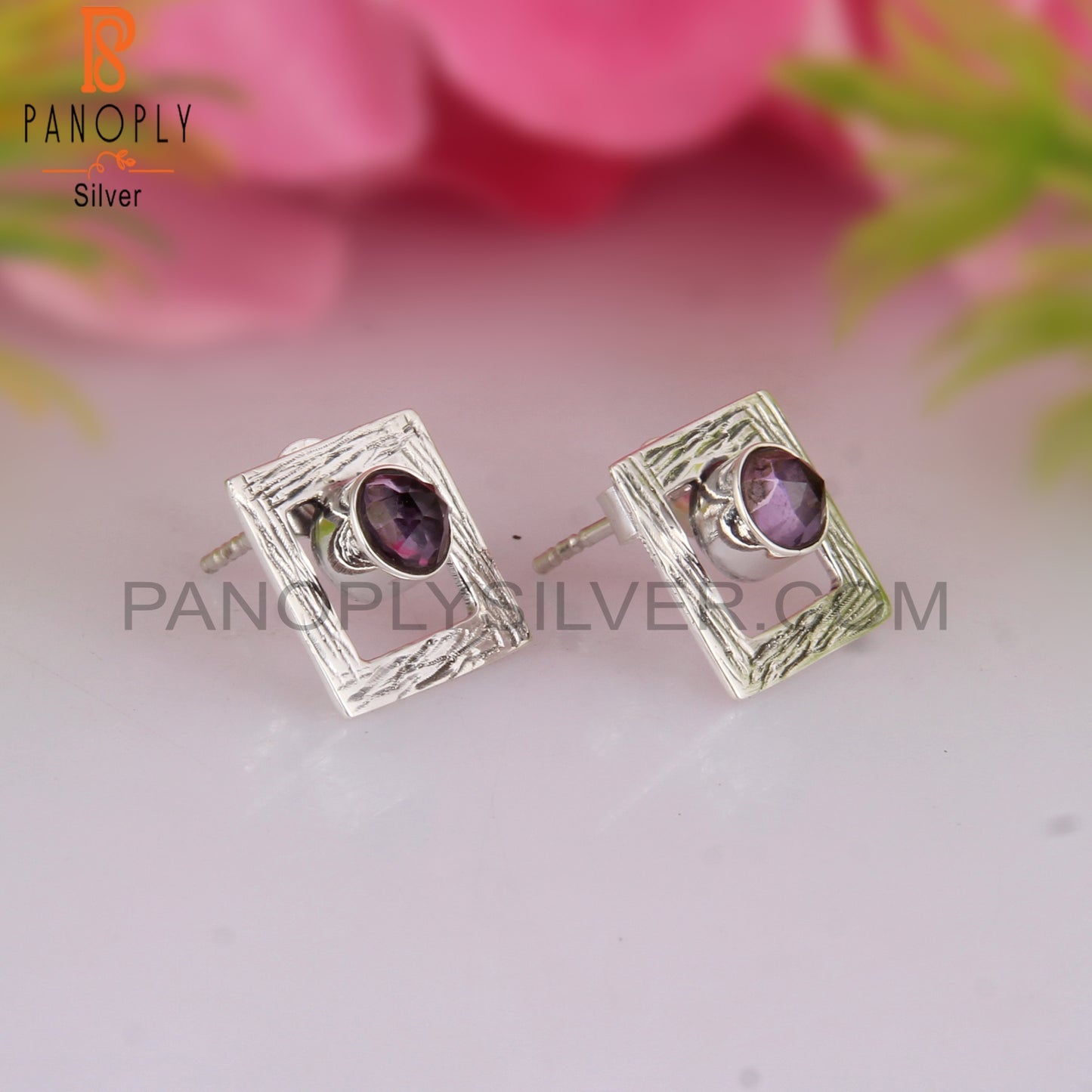 Amethyst Round Shape 925 Sterling Silver Square Earrings