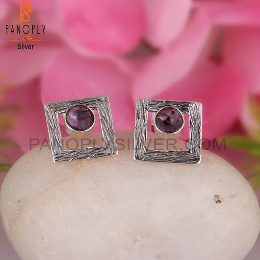 Amethyst Round Shape 925 Sterling Silver Square Earrings