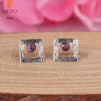 Amethyst Round Shape 925 Sterling Silver Square Earrings