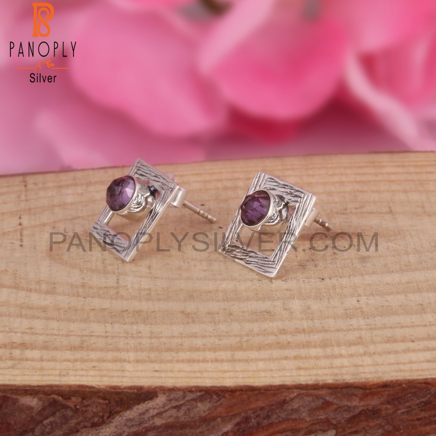 Amethyst Round Shape 925 Sterling Silver Square Earrings