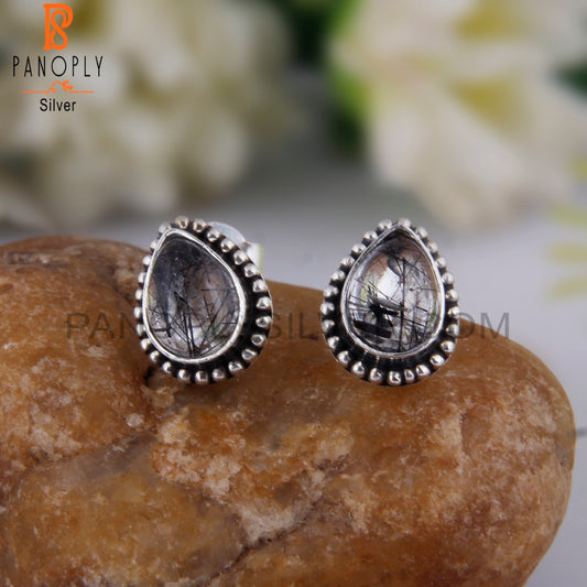 Black Rutile Pear Shape 925 Sterling Silver Studs Earrings