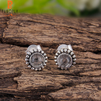 Black Rutile Round Sterling Silver Studs Engagement Earrings