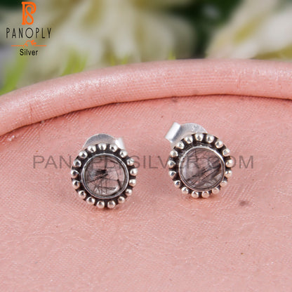 Black Rutile Round Sterling Silver Studs Engagement Earrings