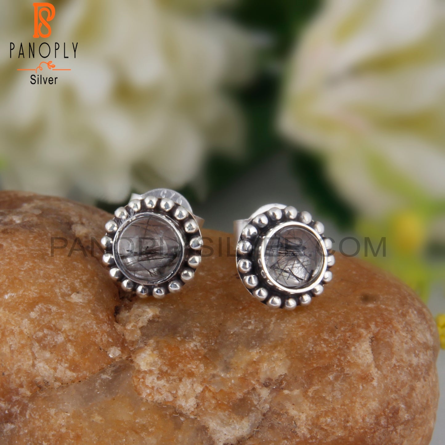 Black Rutile Round Sterling Silver Studs Engagement Earrings