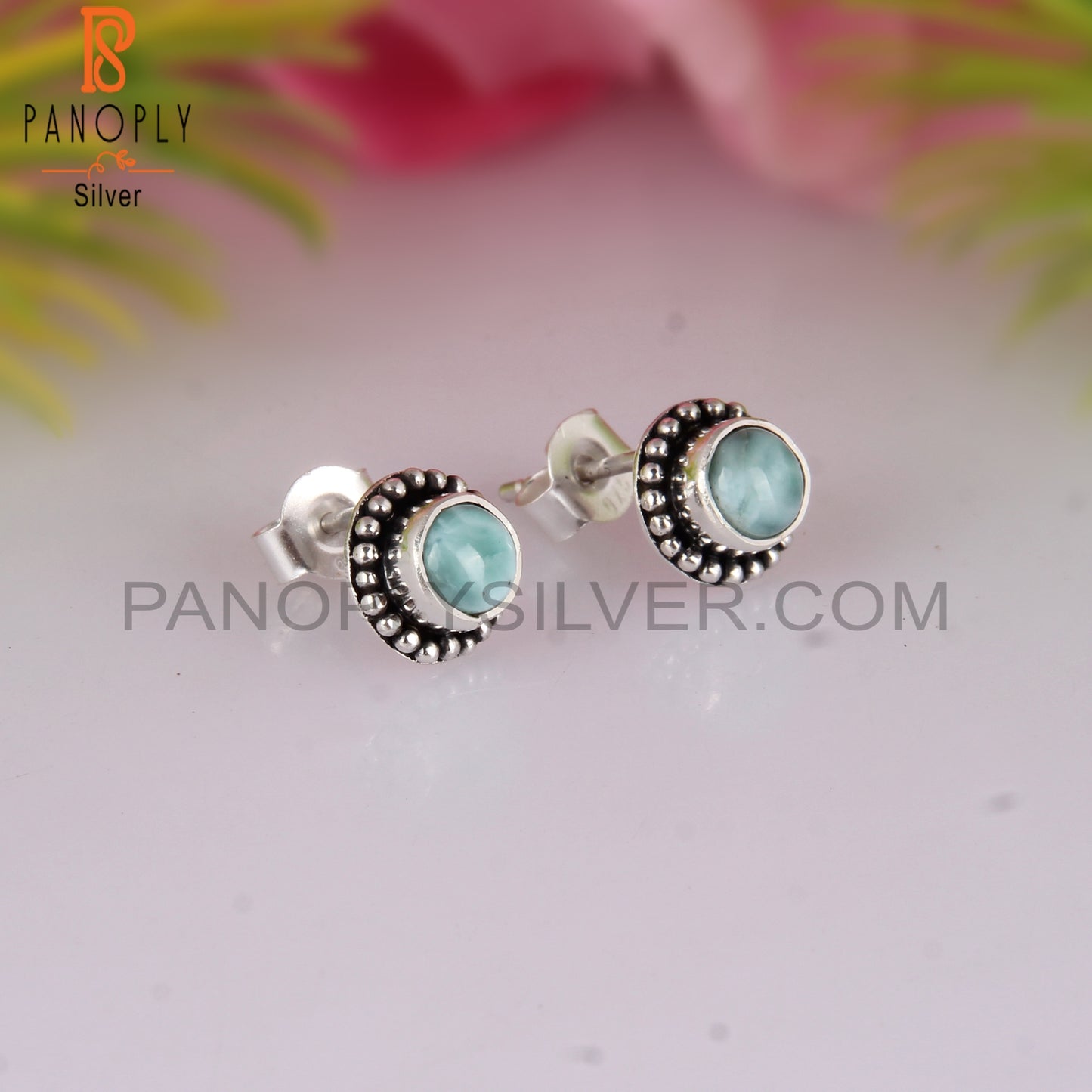 Larimar Round Shape 925 Sterling Silver Earrings