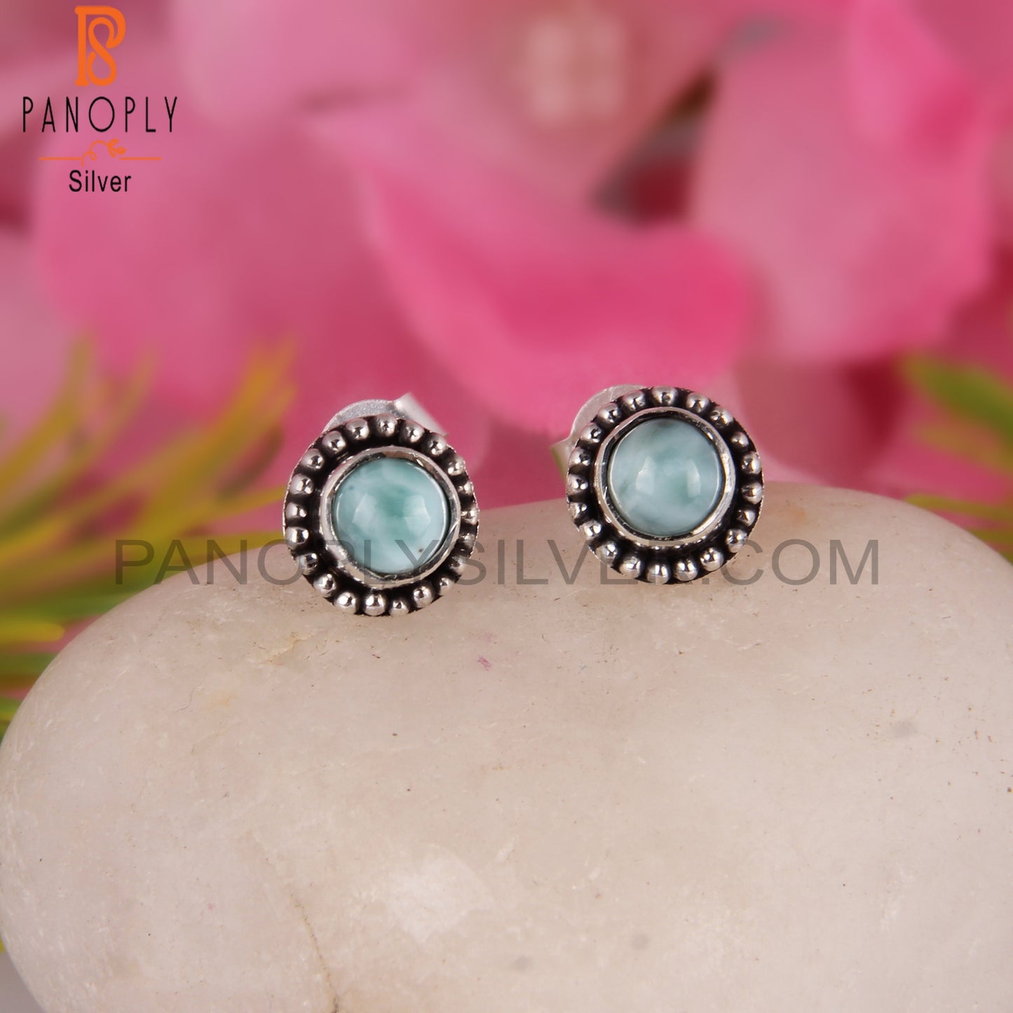 Larimar Round Shape 925 Sterling Silver Earrings