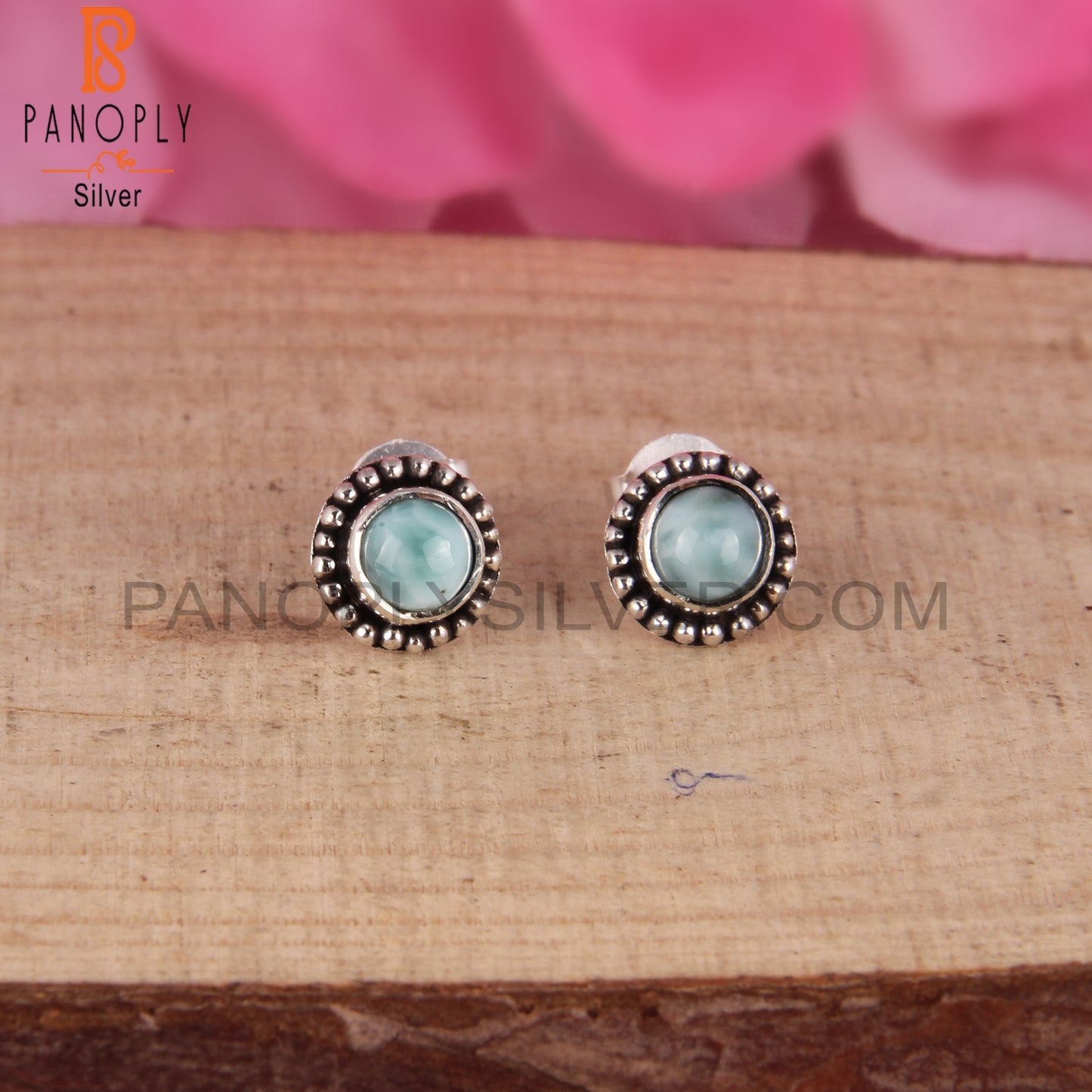 Larimar Round Shape 925 Sterling Silver Earrings