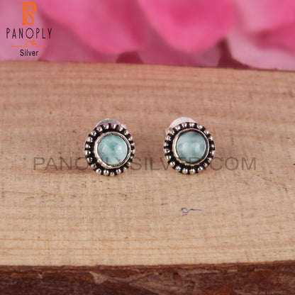 Larimar Round Shape 925 Sterling Silver Earrings