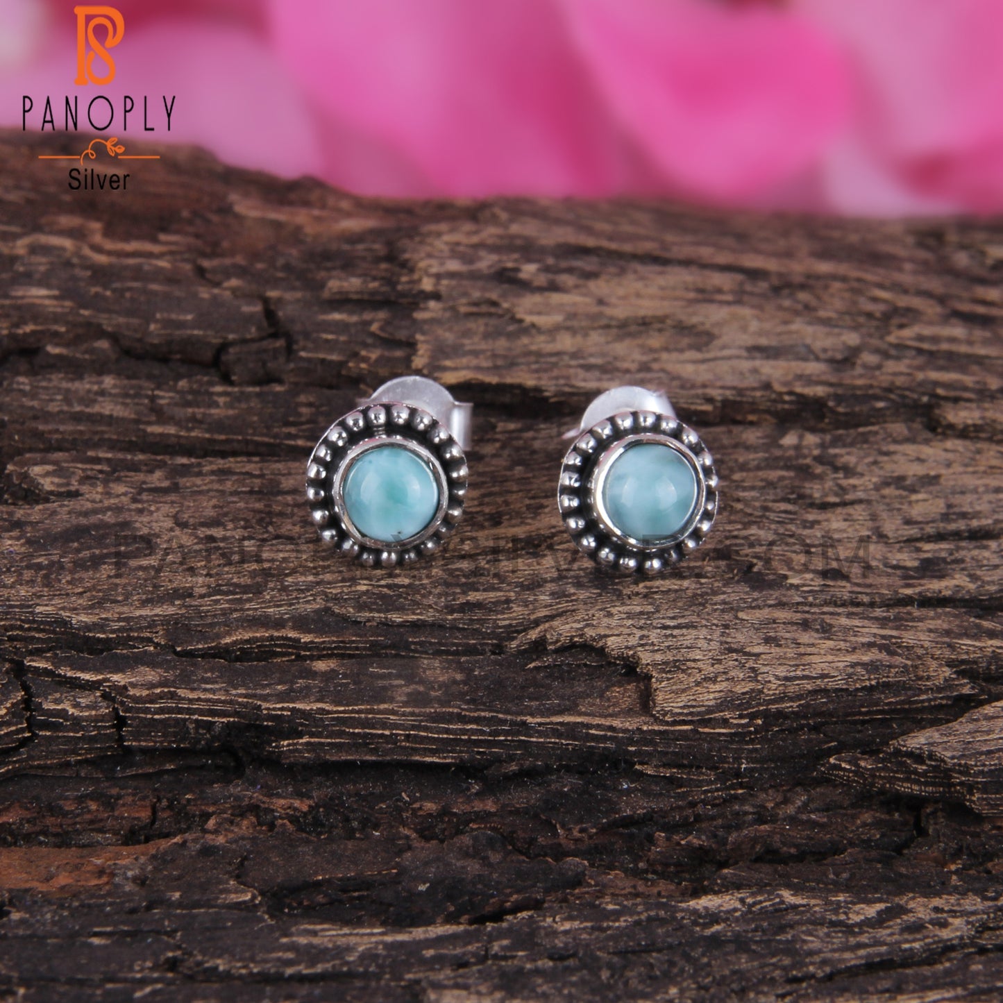 Larimar Round Shape 925 Sterling Silver Earrings